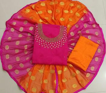 Pink Colored Chanderi With Khatli Hand Work UnStitched Salwar Suit