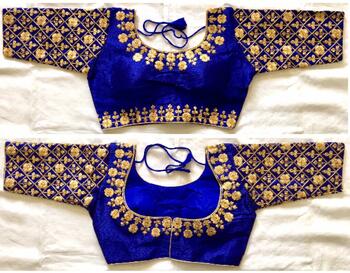 Royal Blue Fentam Silk Golden Work Readymade Blouse Design Online