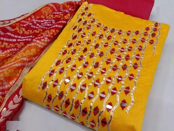 Yellow Chanderi Silk Embroidered Dress Material With Bandhej Print Dupatta