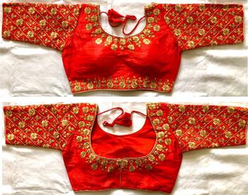 Red Fentam Silk Golden Work Readymade Blouse Design Online