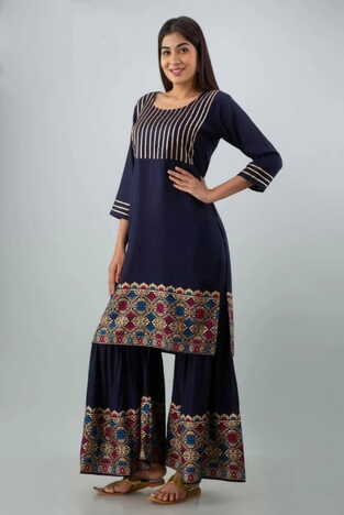 Enchanting Navy Blue Color Ready Made Golden Printed Gotta Patti Work Plazo Sharara