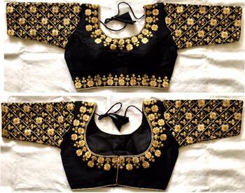 Party Wear Black Fentam Silk Readymade Golden Work Blouse Design Online