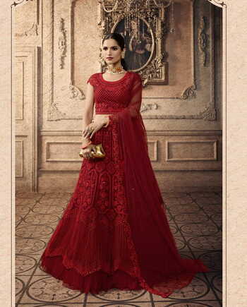 Adorable Carmine Color Net Thread Sequence Embroidered Work Lehenga Choli For Wedding Wear