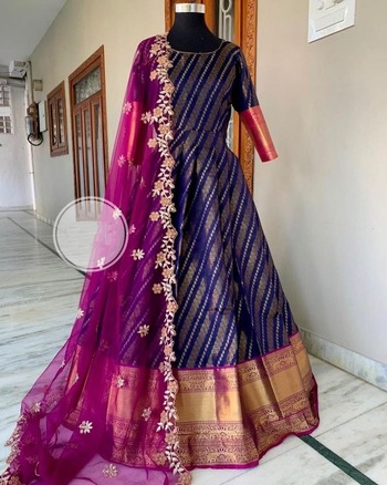 Rapturous Blue Color Banarasi Silk Design Zari Weaving Work Gown Dupatta For Women