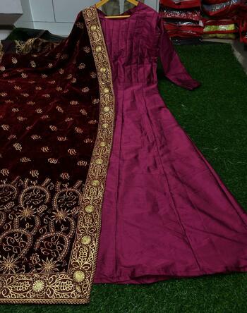 Distinguished Wine Color Taffeta Silk Readymade Gown With Velvet Dupatta