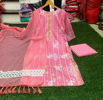 Lovely Pink Poly Rayon Printed Full Stitched Casual Wear Salwar Suit