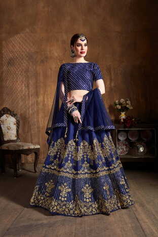 Navy Blue Silk Zari Embroidered Diamond Work Lehenga Design Online