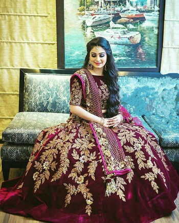 Amazing Wine Color Designer Velvet Embroidered Work Wedding Wear Lehenga Choli