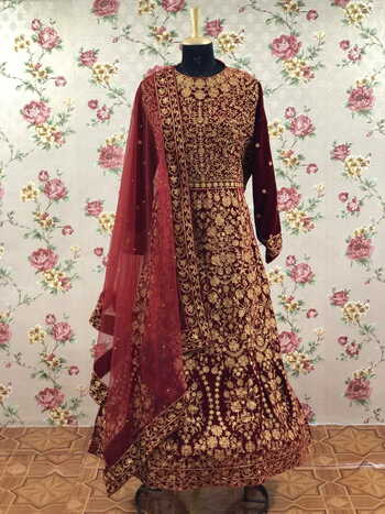Pleasant Maroon Color Designer Viscos Velvet Fancy Rivet Moti Embroidered Work Salwar Suit For Wedding Wear