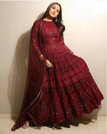 Maroon Colored Georgette PartyWear Chain Stitched Diamoned Work Suit