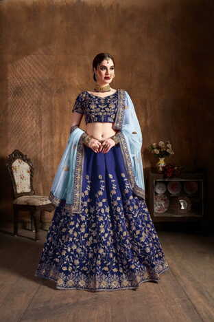 Desirable Navy Blue Silk Sequence Embroidered Work Lehenga Design Online