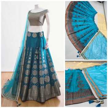 Ultramodern Rama Blue Color Wedding Wear Printed Banglori Satin Lehenga Choli