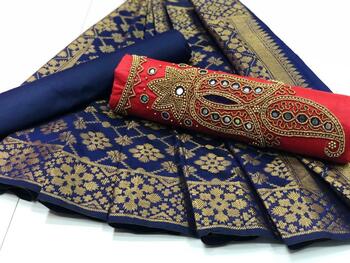 Red Color Cotton Jardoshi Handwork Dress Material with Sea Blue Banarasi Dupatta