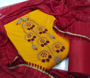 Outstanding Yellow Colour Taffeta Silk Embroidered Stitched Suit with Plazzo