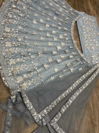 Engrossing Grey Color Function Wear Soft Net Embroidered Work Lehenga Choli