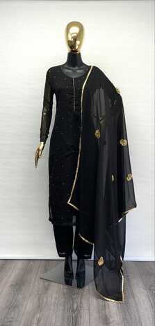 Black Georgette Diamond Hand Work Suit Pant With Dupatta