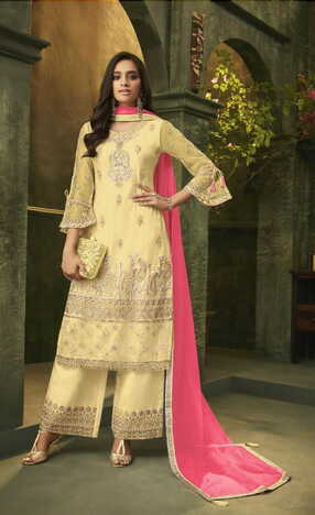 Yellow Net Embroidered Diamond Work Salwar Suit Design For Women