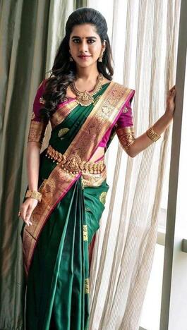 Gorgeous Rama Green Color Wedding Wear Lichi Silk Jacquard Fancy All Over Work Saree Blouse