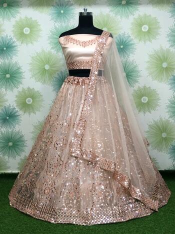 Desirable Beige Color Soft Net Sequence Embroidered Work Wedding Wear Lehenga Choli