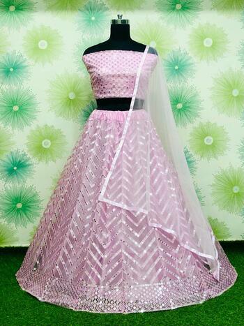 Party Pink Color Soft Net Sequence Embroidered All Over Work Function Wear Lehenga Choli Design