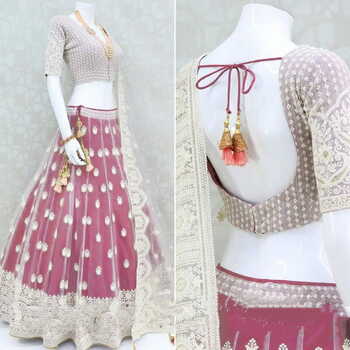 Wedding Wear Pink Color Designer Net Lucknowi Work Lehenga Choli For Women