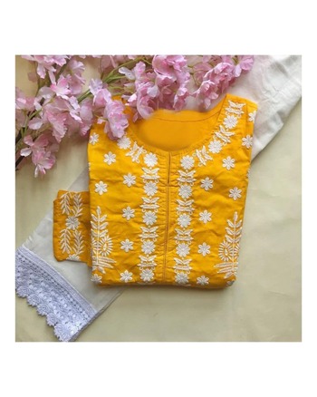 Yellow Color Ready Made Cotton Moti Work Kurti Pent