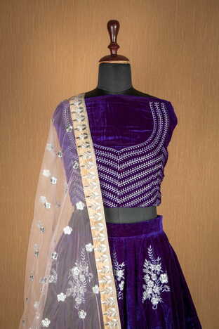 Knockout Purple Color Wedding Wear Designer Velvet Embroidered Work Lehenga Choli