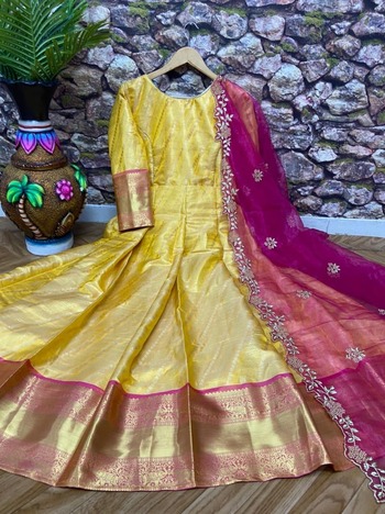 Inviting Cream Color Banarasi Silk Weaving Zari Work Wedding Wear Gown Dupatta