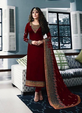 Stunning Maroon Color Designer Satin Georgette Straight Cut Salwar Suit For Party Wear