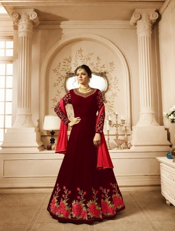 Dazzling Maroon Faux Georgette Anarkali Embroidered Work Semi Stitched Salwar Suit For Women