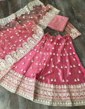 Wedding Wear Pink Color Designer Net Lucknowi Work Lehenga Choli For Women