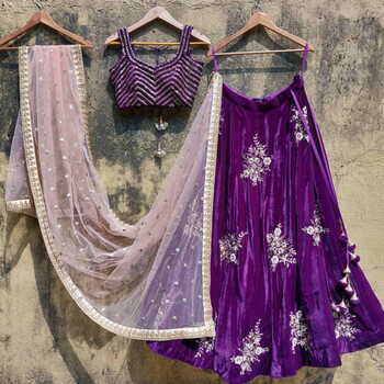 Knockout Purple Color Wedding Wear Designer Velvet Embroidered Work Lehenga Choli