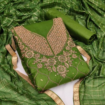 Green Color Cotton Embroidered Diamond Work Salwar Suit For Ladies