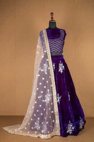 Knockout Purple Color Wedding Wear Designer Velvet Embroidered Work Lehenga Choli