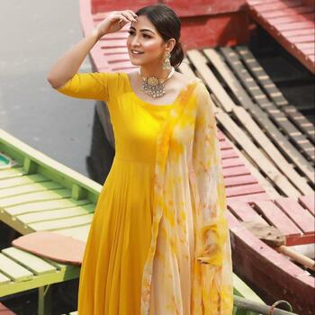 Yellow Georgette Plain Full Stitched Party Wear Gown Dupatta