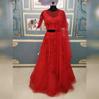 Dazzling Red Color Designer Net Zari Embroidered Patch Flowers Work Wedding Wear Lehenga Choli