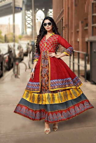 Stunning Red Color Festive Wear Ready Made Digital Printed Chanderi Cotton Long Kurti