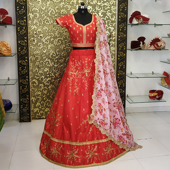 Wedding Wear Red Color Satin Silk Embroidered Work Lehenga Choli