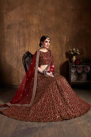 Maroon Silk Zari Sequence Embroidered Work Lehenga Design Online