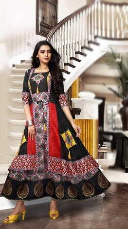 Exclusive Black Color Full Stitched Cotton Chanderi Digital Printed Kurti For Women