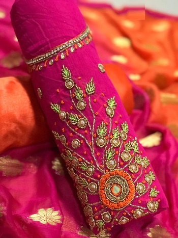 Pink Color Chanderi Cotton Handwork Embroidered Dress Material