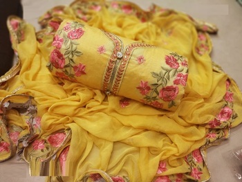 Yellow Chanderi Silk Embroidered Unstitched Dress Material