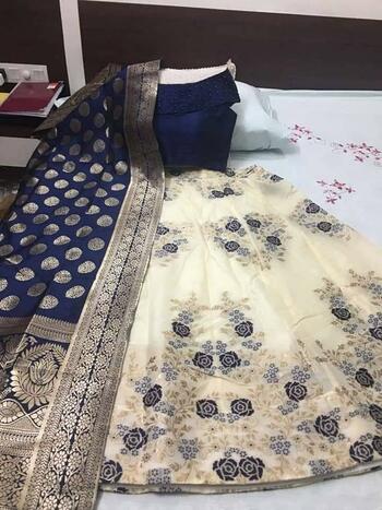 Wedding Wear Blue White Banarasi Lehenga Choli Design Online