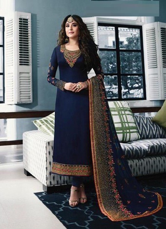 Opulent Blue Color Beautiful Georgette Embroidered Work Straight Cut Salwar Suit For Wedding Wear