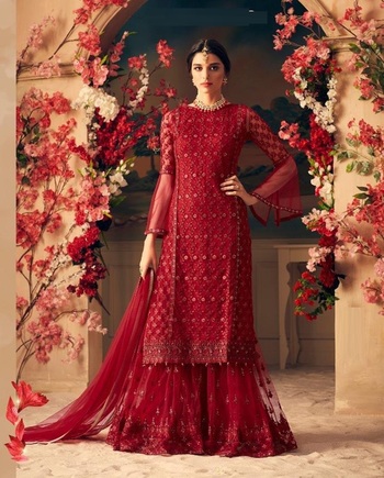 Occasion Wear Red Color Soft Net Designer Embroidered Work Semi Stitched Plazo Salwar Suit For Women