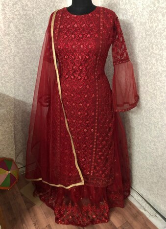 Occasion Wear Red Color Soft Net Designer Embroidered Work Semi Stitched Plazo Salwar Suit For Women