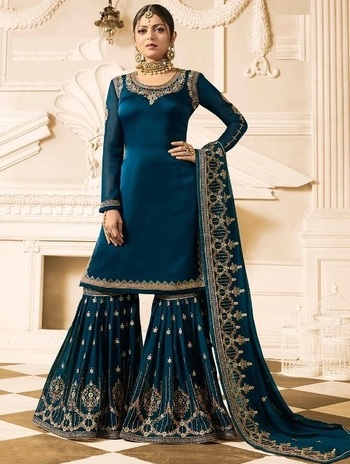 Energetic Rama Blue Color Embroidered Fancy Work Satin Georgette Design Sharara Style Salwar Suit For Occasion Wear