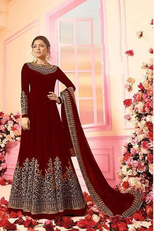 Superlative Red Color Anarkali Style Embroidered Work Fancy Faux Georgette Salwar Suit For Festive Wear