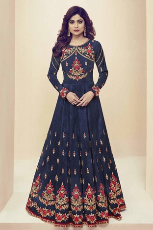 Function Wear Navy Blue Color Stylish Embroidered Work Anarkali  Fantam Silk Salwar Suit