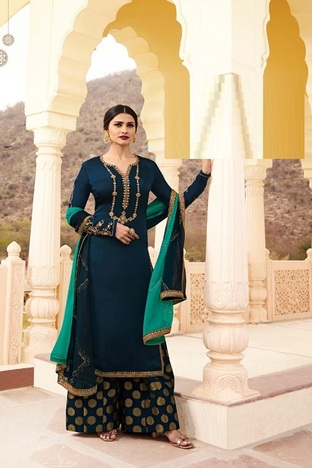 Flamboyant Rama Green Color Designer Satin Georgette Embroidered Work Straight Salwar Suit For Wedding Wear